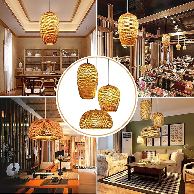 Bamboo Lantern Pendant Lamp, Retro Japanese Style E27 Chandelier Hanging Light Ceiling Lighting Fixture for Living Room Bedroom Restaurant Cafe Teahouse Bar Dining Room Club