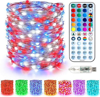 BrizLabs Fairy String Lights, 33ft 100 LED Red White Blue Fairy Lights with Remote Timer, USB July 4th Starry Light Music Sync RGB Color Changing Twinkle Light for Xmas Halloween Easter Party Wedding