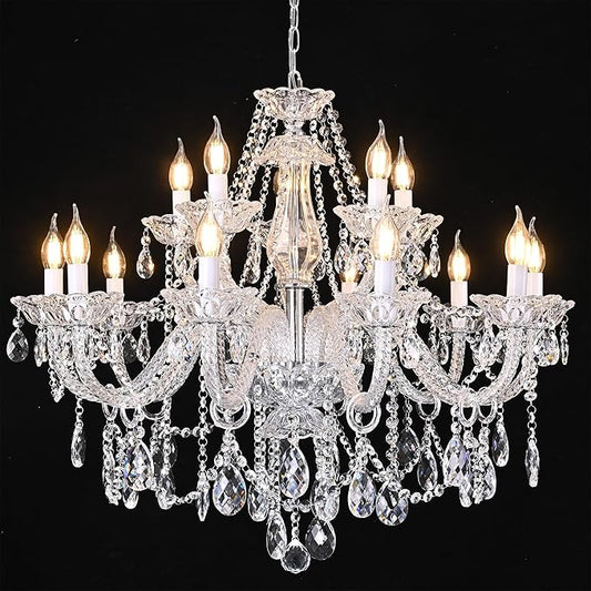 Clear K9 Crystal Chandelier 15 Light Pendant Lighting Fixture for Dining Room Living Room Bedroom Hallway Entryway Elegant Ceiling Lamp E12 Clear