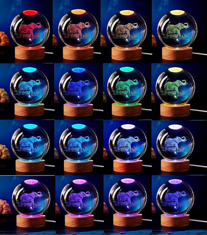 Elephant Crystal Ball Lamp, 3.15 inch, Night Light with Wooden LED Base, Glass Ball with USB, Remote Control, 16 Color Change, Gift Box