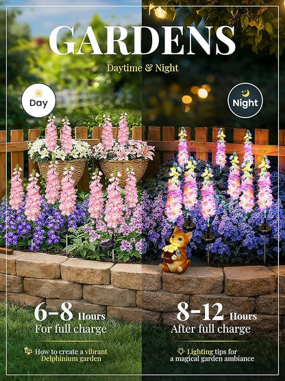 GIGALUMI Solar Lights Outdoor for Garden Decor, 3 Pack Solar Flower Lights Waterproof, 2 Lighting Modes Delphinium for Pathway,Yard, Patio Decoration, Gardening Gifts for Women (Pink)