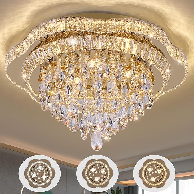 Gold 24" Modern Flush Mount Chandelier for Living Room, LED Crystal Ceiling Light for Bedroom,Elegant Dining Room Lighting Fixture with Remote Control, 3CCT Dimmable