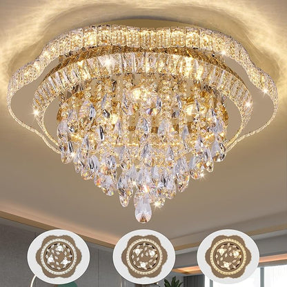 Gold 24" Modern Flush Mount Chandelier for Living Room, LED Crystal Ceiling Light for Bedroom,Elegant Dining Room Lighting Fixture with Remote Control, 3CCT Dimmable