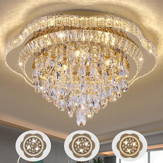 Gold 24" Modern Flush Mount Chandelier for Living Room, LED Crystal Ceiling Light for Bedroom,Elegant Dining Room Lighting Fixture with Remote Control, 3CCT Dimmable
