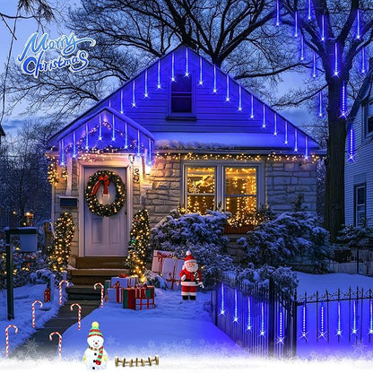 JMEXSUSS Solar Christmas Lights Outdoor, 8 Tube 144 LEDs Solar Meteor Shower Lights Outdoor, Hanging Blue Christmas Light for Tree Icicle Garden Yard Patio Gazebo Party Xmas Decor