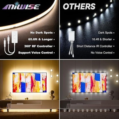 MIWISE COB LED Strip Lights 65.6ft/20m,UL-Listed CRI 90+ Dimmable 3000K Warm White Super Bright,with APP Control/RF Remote,Work with Alexa/Google,for Home/Cabinet/Bedroom/Kitchen DIY Lighting Projects