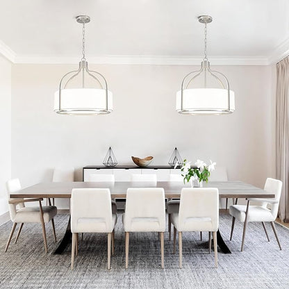 20.5'' Brushed Nickel Drum Chandelier, 5-Light Large Modern Chandeliers for Dining Room Hanging Light Fixture Drum Pendant Light with White Fabric Shade for Kitchen Living Room Foyer Bedroom