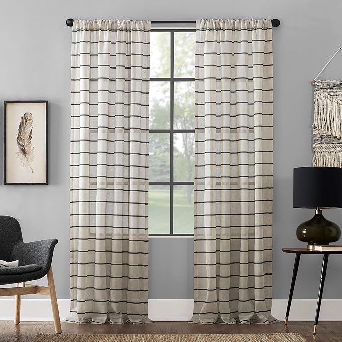 Clean Window Twill Stripe Anti-Dust Allergy/Pet Friendly Anti-Dust Sheer Curtain Panel, 52" x 63, Black/Linen