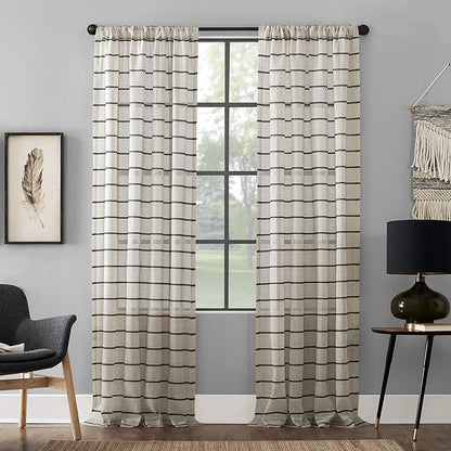 Clean Window Twill Stripe Anti-Dust Allergy/Pet Friendly Anti-Dust Sheer Curtain Panel, 52" x 63, Black/Linen