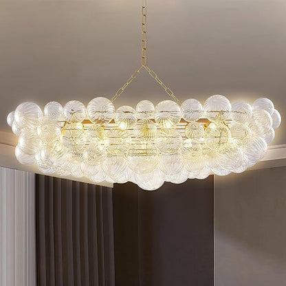 Longree Nordic Bubble Ball Swirled Glass Chandelier Long 50 inch Rectangular Island Light Fixture Gold and Clear Blown Glass Lighting for Dining Table, Living Room
