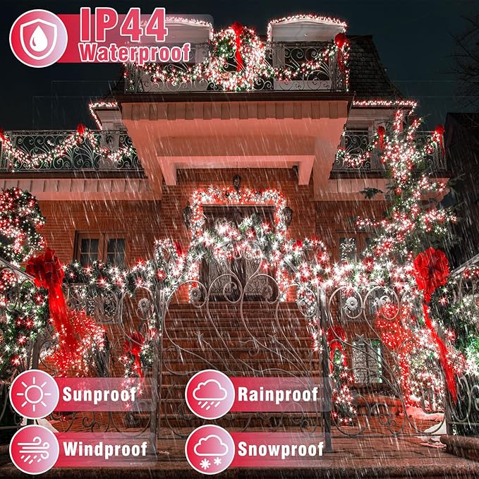 165FT 500 LED Outdoor String Lights, Plug in Christmas Lights Indoor Waterproof, 8 Modes Twinkle Fairy Lights Clear Wire for Room Xmas Patio Garden Tree Party Holiday Decorations, Red and White