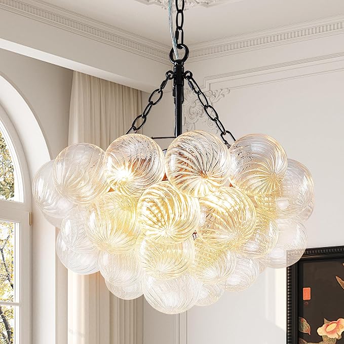 Hand Blown Glass Bubble Ball Chandelier Black Finish 20" Small Pendant Lights Art Deco Cluster Swirled Art Deco Cluster Ribbed Blown Glass Globe Lighting for Entry Room Bathroom Bedroom