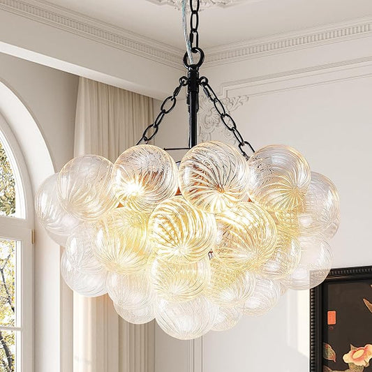 Hand Blown Glass Bubble Ball Chandelier Black Finish 20" Small Pendant Lights Art Deco Cluster Swirled Art Deco Cluster Ribbed Blown Glass Globe Lighting for Entry Room Bathroom Bedroom