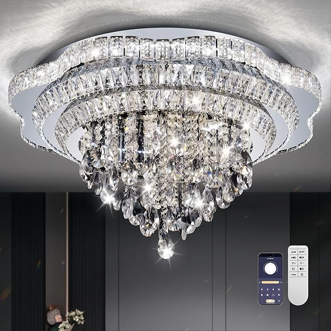 30" Sliver Crystal LED Ceiling Light Fixture with Remote Control,Large Flush Mount Chandelier with 3-Color Dimmable for Living Room Bedroom Dining Room