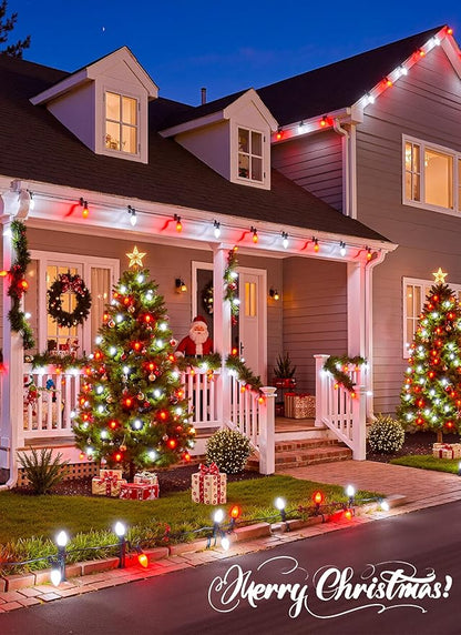 C9 LED Christmas Lights Outdoor, 50 Feet String with 50 Shatterproof Matte Bulbs, Connectable Waterproof Tree Lights for Holiday Roofline Backyard Garden Decor, Red & Pure White
