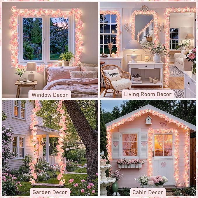 JMEXSUSS Cherry Blossom Lights Battery Operated, 15.75 FT 48 LED Pink Flower Garland with Lights, Artificial Flower Vines Garland for Gackdrop Spring Wedding Bedroom Classroom Indoor Decor