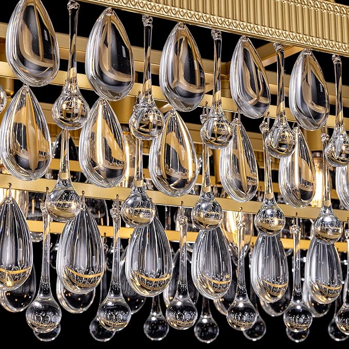 TOCHIC Crystal Dining Room Chandelier Over Table, Gold Linear Rectangle Chandelier 7 Lights Modern Farmhouse High Ceiling Light Fixture for Kitchen Island, Living Room, Entryway, 38" L