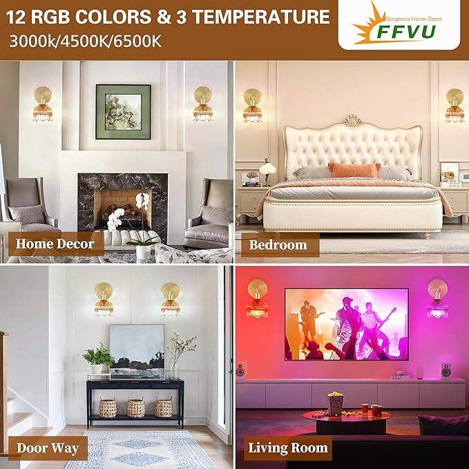 Wireless Wall Sconce with Flower lampshade, Battery Operated Wall Lights,Wall lamp with 15 Colors for Bedroom Living Room Home Decor (Amber, 2 Light Battery Operated)
