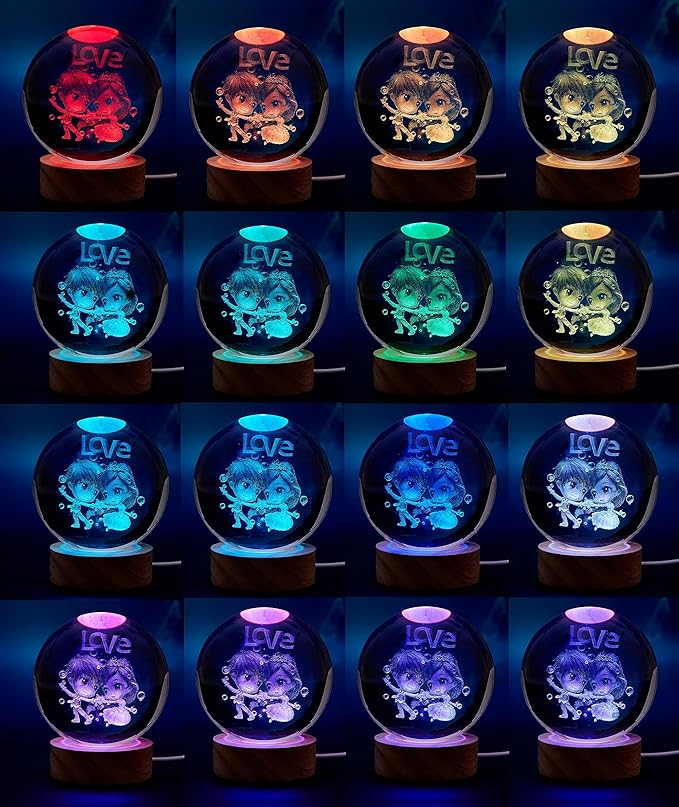Love Crystal Ball lamp,3D 3.15 inch K9 Couple Night Light with Wooden Base,16 Colors Change with Remote Control,Sweetheart Crystal Gift for Girlfriend,Valentine's Day Christmas Gift (F)