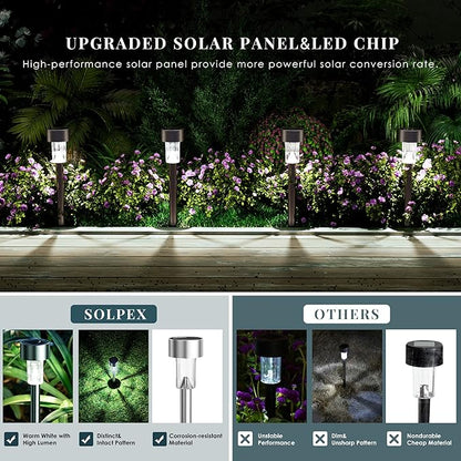 SOLPEX 24 Pack Solar Outdoor Lights Pathway, Stainless Steel Solar Lights Outdoor Waterproof,LED Landscape Lighting Walkway for Landscape/Patio/Lawn/Yard/Driveway-Cold White