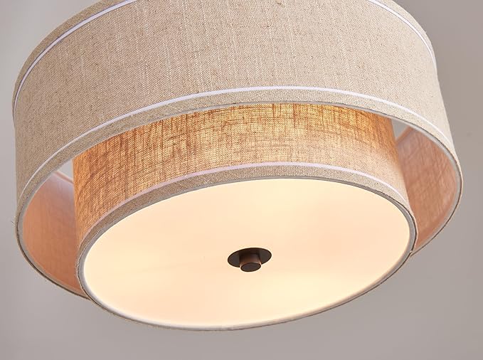Shrine Lighting Double Drum Ceiling Light, Perfect Drum Light Fixture for Dining Room, D16'' x H7'', E12*3 Sockets, Beige Linen Fabric Lampshade & Black Rod