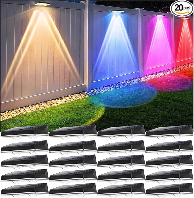 Solar Fence Lights Outdoor - 20 Pack RGB Fence Lights Solar Powered, 7 Color Modes & Warm White, IP67 Waterproof Dusk to Dawn Solar Powered Lights 12+ Hours for Fence/Backyard/Wall/Step/Patio/Deck