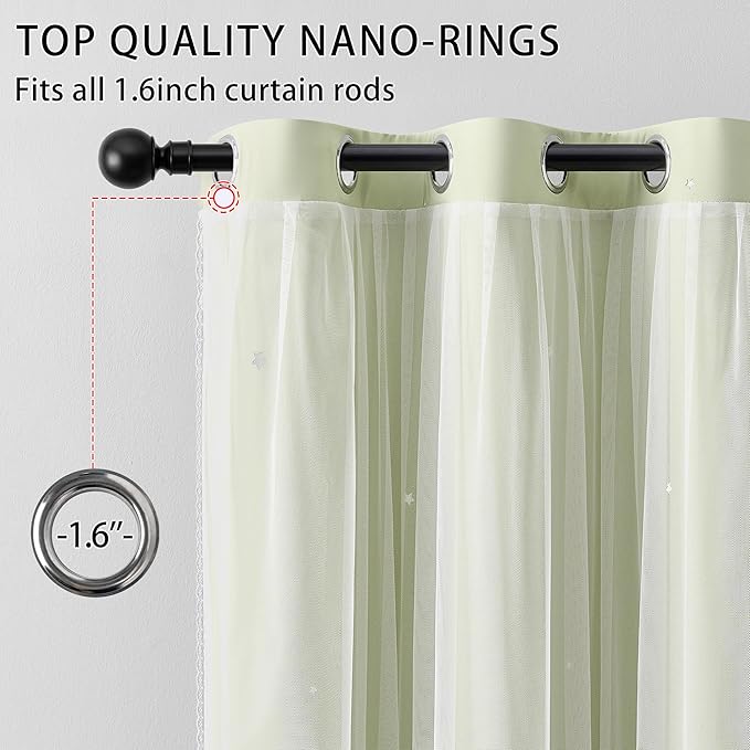 XiDi Sage Green Blackout Curtains for Kids Bedroom 96 Inches Long 2 Panels Thermal Insulated Energy Saving Living Room Window Treatment Curtains Star Blackout Drapes Nursery Kids, W52xL96 Inch, Sage