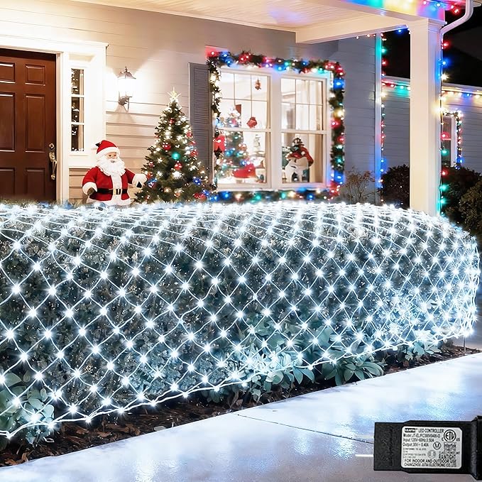 White Net Lights Outdoor, 300 LED Christmas Net Mesh Lights for Bushes 14.8x4.9 ft, 8 Modes Waterproof Twinkle String Light Connectable for Christmas Hedge Yard Garden Party Decor