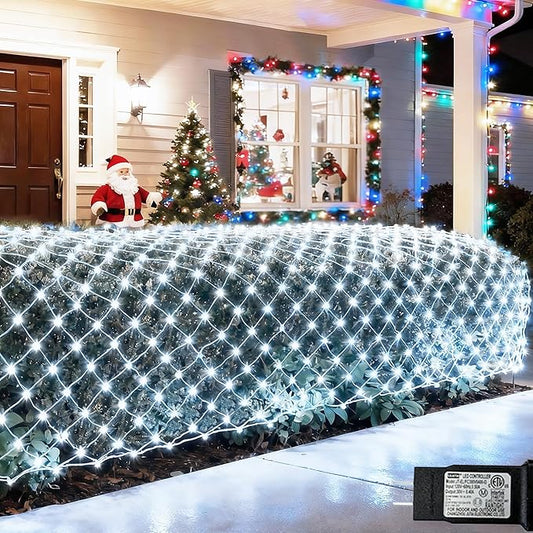 White Net Lights Outdoor, 300 LED Christmas Net Mesh Lights for Bushes 14.8x4.9 ft, 8 Modes Waterproof Twinkle String Light Connectable for Christmas Hedge Yard Garden Party Decor