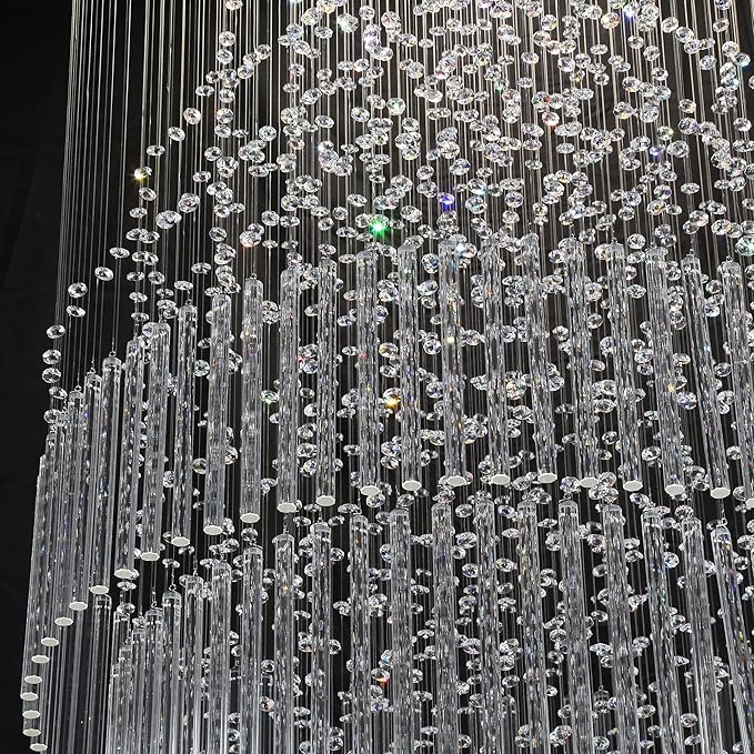 HAIXIANG W32 x H100 Glam Chandelier with LED Bulbs Crystal Raindrop High Ceiling Pendant Light for Entrance Large Villa Chandelier Foyer Lighting Fixtures Silver