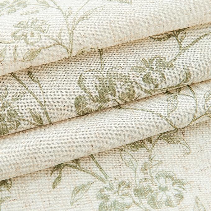 jinchan Floral Kitchen Curtains 45 Inch Linen Tier Curtains Farmhouse Cafe Half Window Drapes for Small Windows Light Filtering Sage Green on Beige for Living Room Bathroom Back Tab 2 Panels