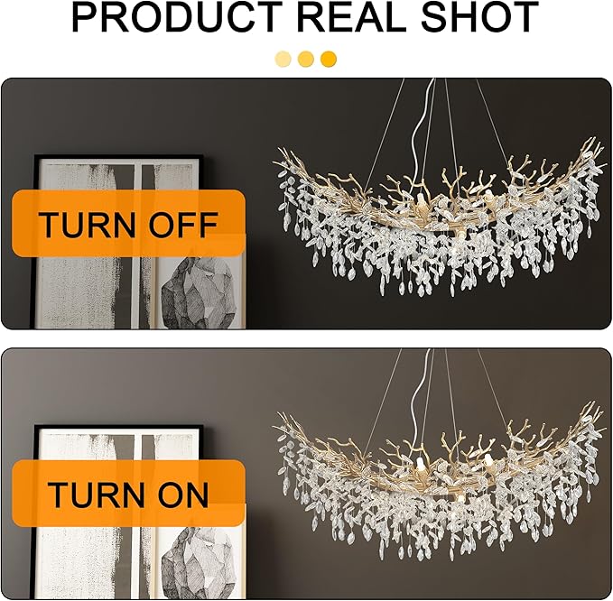 Modern Crystal Tree Branches Chandelier, 47.5in Gold 12 Lights Large Ceiling Hanging Light for Dining Room, Arc Raindrop Pendant Light Fixture