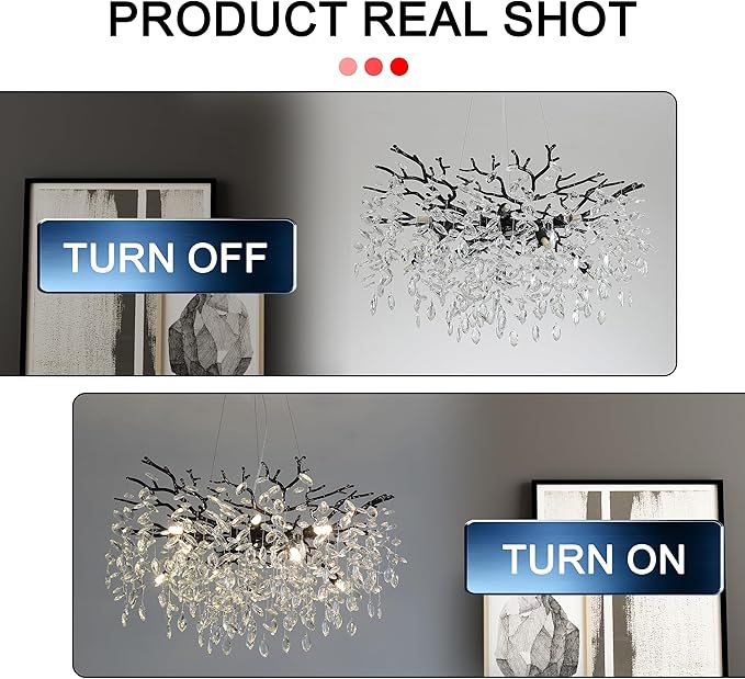 Modern Crystal Tree Branches Chandelier, 30in Black 10 Lights Large Ceiling Hanging Light for Dining Room, Round Raindrop Pendant Light Fixture