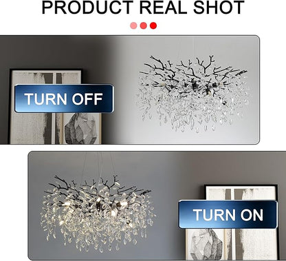 Modern Crystal Tree Branches Chandelier, 30in Black 10 Lights Large Ceiling Hanging Light for Dining Room, Round Raindrop Pendant Light Fixture