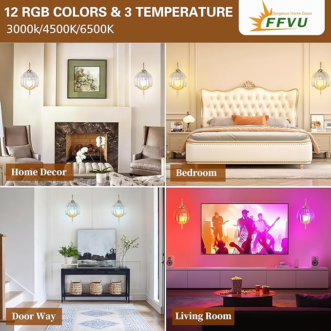 Wireless Wall Sconce with Flower lampshade, Battery Operated Wall Lights,Wall lamp with 15 Colors for Bedroom Living Room Home Decor (Clear-Tulip, 2 Light Battery Operated)
