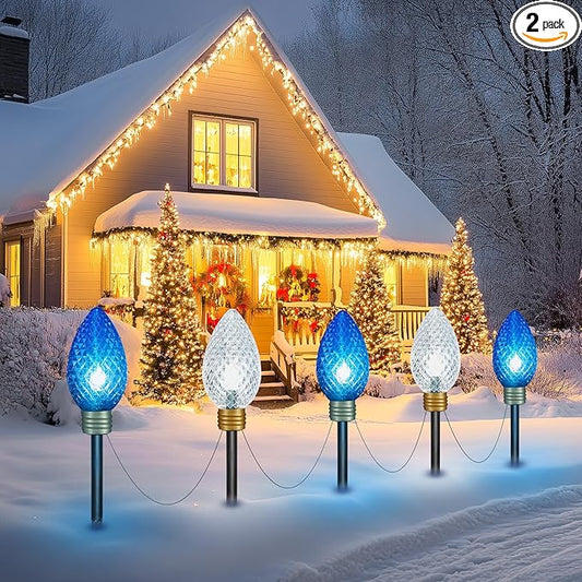 Strawberry Super Jumbo C9 Christmas Pathway Lights Outdoor - 2 Pack Total 22 FT 10 LED Jumbo C9 Pathway Lights, Hanging Christmas Light Outdoor Decorations for Lawn Yard, Blue & Pure White