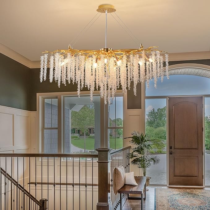 Modern Crystal Tree Branch Chandelier, Gold Linear Art Deco Raindrop Indoor Hanging Pendant Light Fixture for Dining Room Kitchen Island Living Room Bedroom 13 Lights L40''
