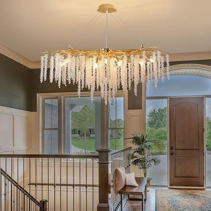 Modern Crystal Tree Branch Chandelier, Gold Linear Art Deco Raindrop Indoor Hanging Pendant Light Fixture for Dining Room Kitchen Island Living Room Bedroom 13 Lights L40''