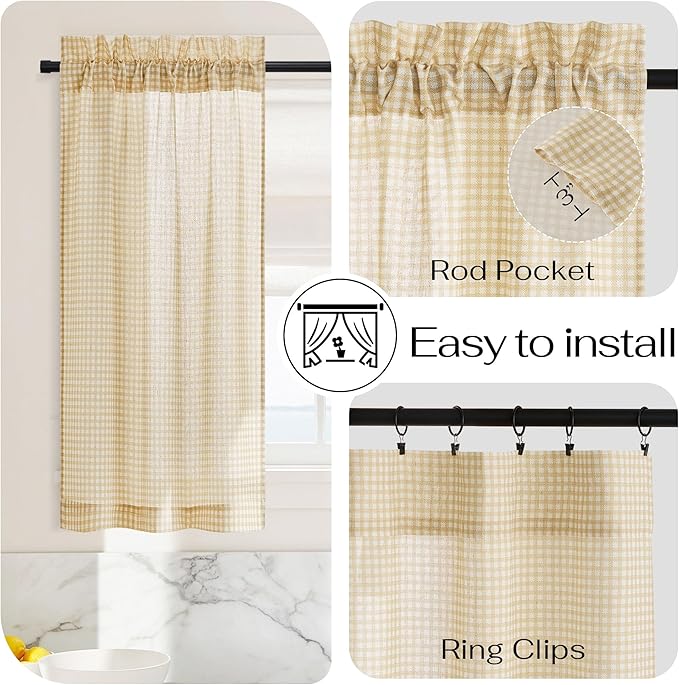 NICETOWN Linen Kitchen Short Curtains 36 Inch Length 2 Panels, Butter Yellow Plaid Rustic Farmhouse Decor Drapes, Light Filtering Tier Curtains with Rod Pocket for Bedroom Bathroom, 30×36