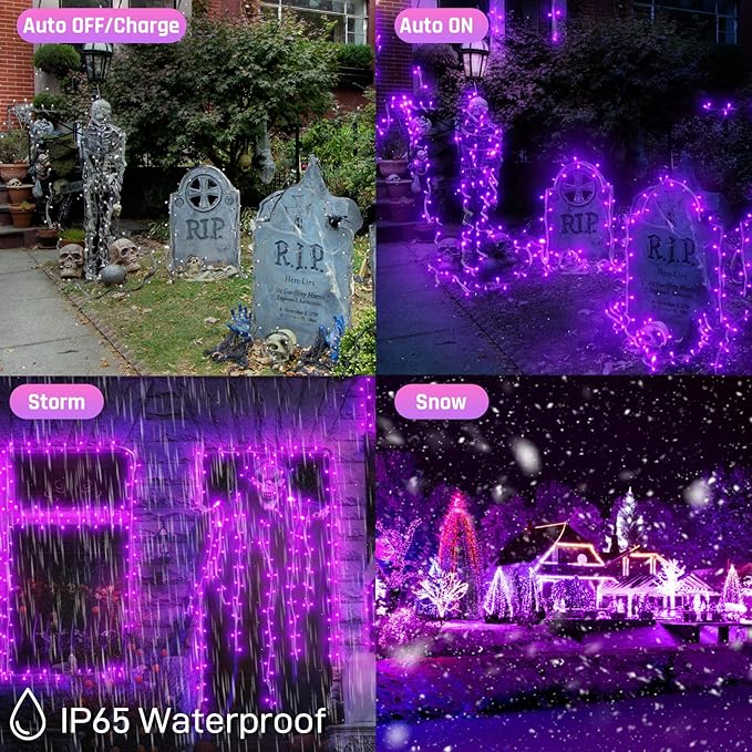 New Upgraded Purple Solar String Lights Outdoor 2 Pack Total 144FT 400LED Solar & USB Rechargeable 19 Mode Solar Halloween Lights for Outside Yard Patio Garden Party Xmas Halloween Decorations, Purple