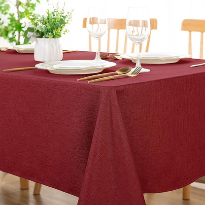 DWCN Table Cloth Rectangle - Faux Linen Fabric Waterproof Spill-Proof Wrinkle and Stain Resistant Tablecloths Decorative Farmhouse Table Cover for Kitchen Dining Party, 52 x 70 Inch, Red