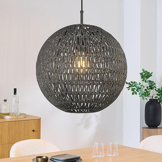ELYONA Modern Woven Chandelier, 14" Large Boho Rattan Pendant Light Fixtures, Adjustable Globe Wicker Hanging Light for Dining Room Living Room Kitchen Island Farmhouse Foyer Bedroom Hallway, Black
