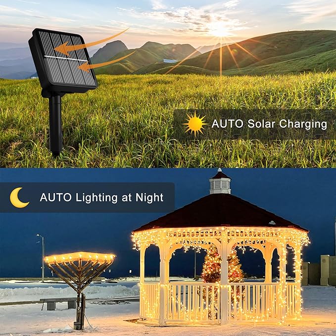 Flechllary 2 Pack-Solar String Lights, 78Ft 200 LED Solar Lights Outdoor with 8 Modes ，Solar String Lights Outdoor Waterproof for Yard, Fence,Balcony, Party,Christmas Tree Decorations (Warm White)