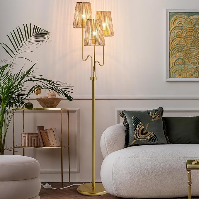 Boho Floor Lamp, 68in. Rattan floor lamp with Natural Woven Shade, Rustic Standing Lamp for Coastal, Beach or Bohemian Style Decor, E26 Socket, On/Off Footswitch Lamp for Living room, Bedroom (Gold)
