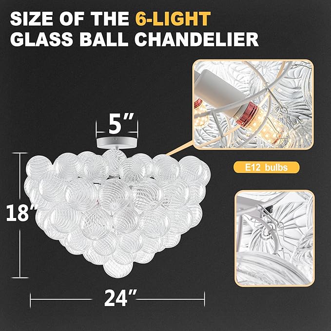 Hand Blown Glass Bubble Ball Chandelier White Finish 24" Semi-Flush Mount Ceiling Lights Art Deco Cluster Ribbed Glass Globe Chandeliers Light Fixture for Dining Living Hall Entry Foyer