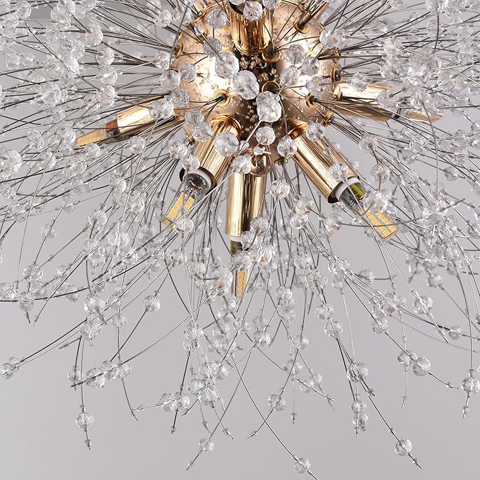 Small Sputnik Chandelier, 9 Lights Modern Dandelion Crystal Chandelier, Chrome Dandelion Pendant Light Fixture for Kitchen Dining Room Bedroom