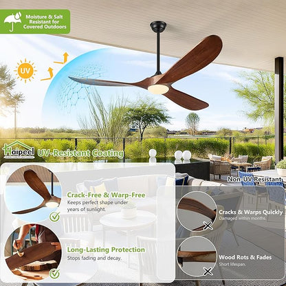 52 Inch Ceiling Fans with Lights and Remote Control, Outdoor Ceiling Fan with Light Solid Wood 3 Blade Propeller Ceiling Fan, Quiet High CFM Damp Rated Outdoor Fan for Patios Farmhouse, Dark Walnut
