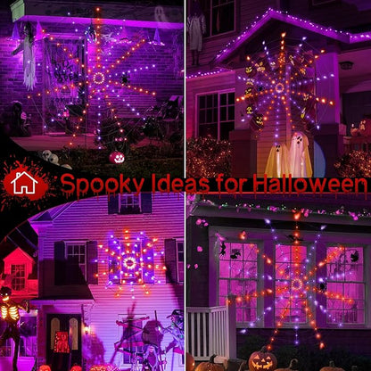 Ollny Spider Web Decoration 4FT 70 LED, Orange and Purple Halloween Lights with Black Spider Battery Powered 8 Modes Timer, Waterproof Cobweb String Light for Outdoor Indoor House Yard Party