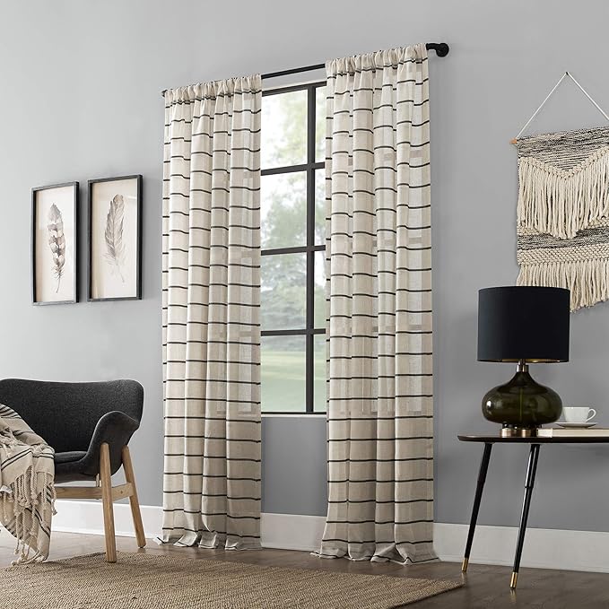 Clean Window Twill Stripe Anti-Dust Allergy/Pet Friendly Anti-Dust Sheer Curtain Panel, 52" x 63, Black/Linen