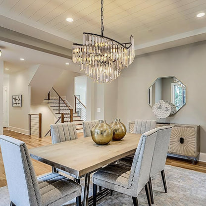 TOCHIC Modern Black Crystal Chandelier for Dining Room, 24" 7-Light Farmhouse Ceiling Light Fixture with Spiral Design, Pendant Light Fixtures for Living Room, Entryway, Foyer, Kitchen Island